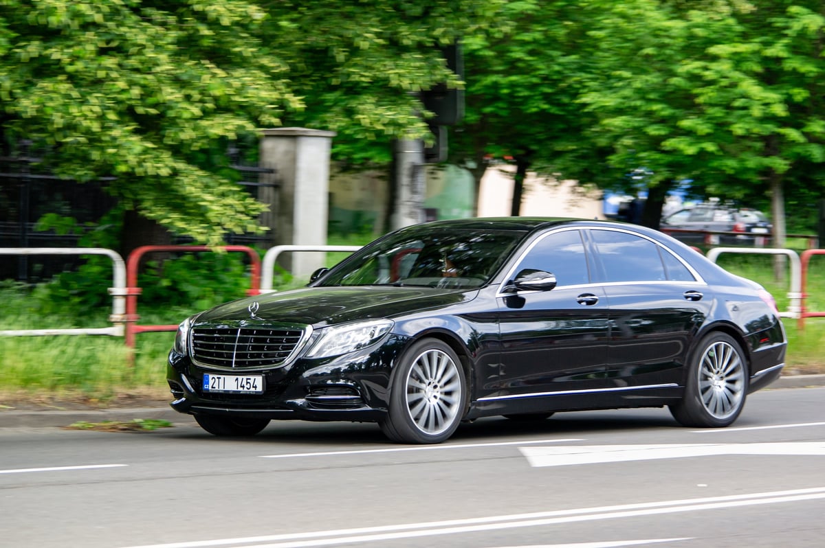 Ostrava, Czechia - May 14, 2025: Black Mercedes-Benz S-Class W222 luxury car, motion blur effect